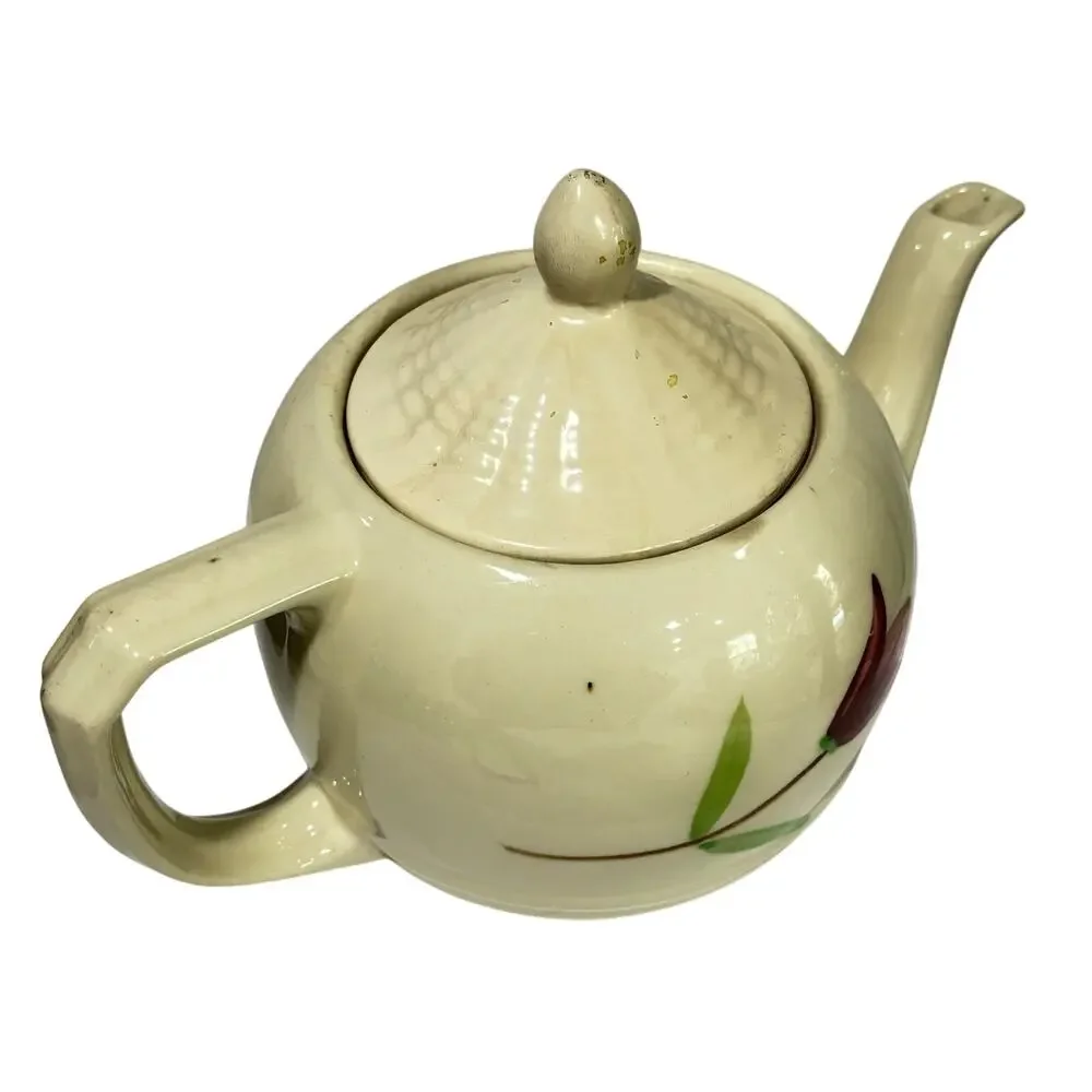 Vintage USA Shawnee Teapot creamy white ceramic & hand painted floral design